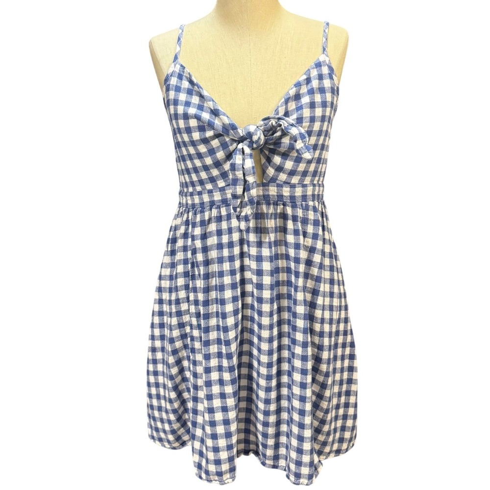 Old Navy L SL Tie Front Gingham Mini Dress Blue White Linen Blend Summer Picnic